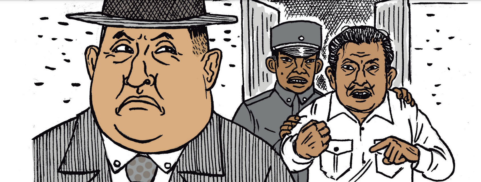 The faces of three men: one wearing a suit in the foreground; behind is another, dressed in uniform, holding the third. 