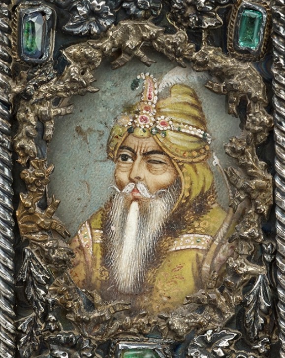 Portrait on a casket of the first Maharajah of the Sikh Empire, Ranjit Singh. The casket is ornately crafted with precious metals, ivory and jewels.