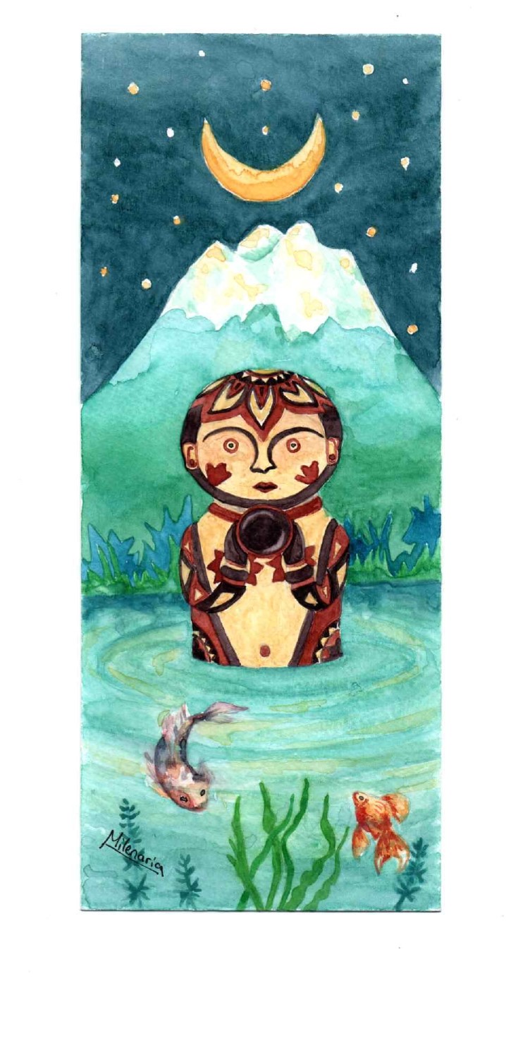 A man holding a camera stands in a body of water, with a fish in front of him and a mountain and the moon above. 