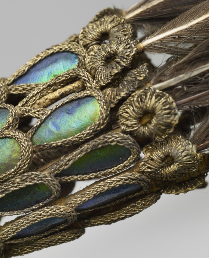 Plume made from heron feathers and decorated with iridescent beetle wing cases and bound with gold thread,  attach onto a Sikh cavalry helmet.