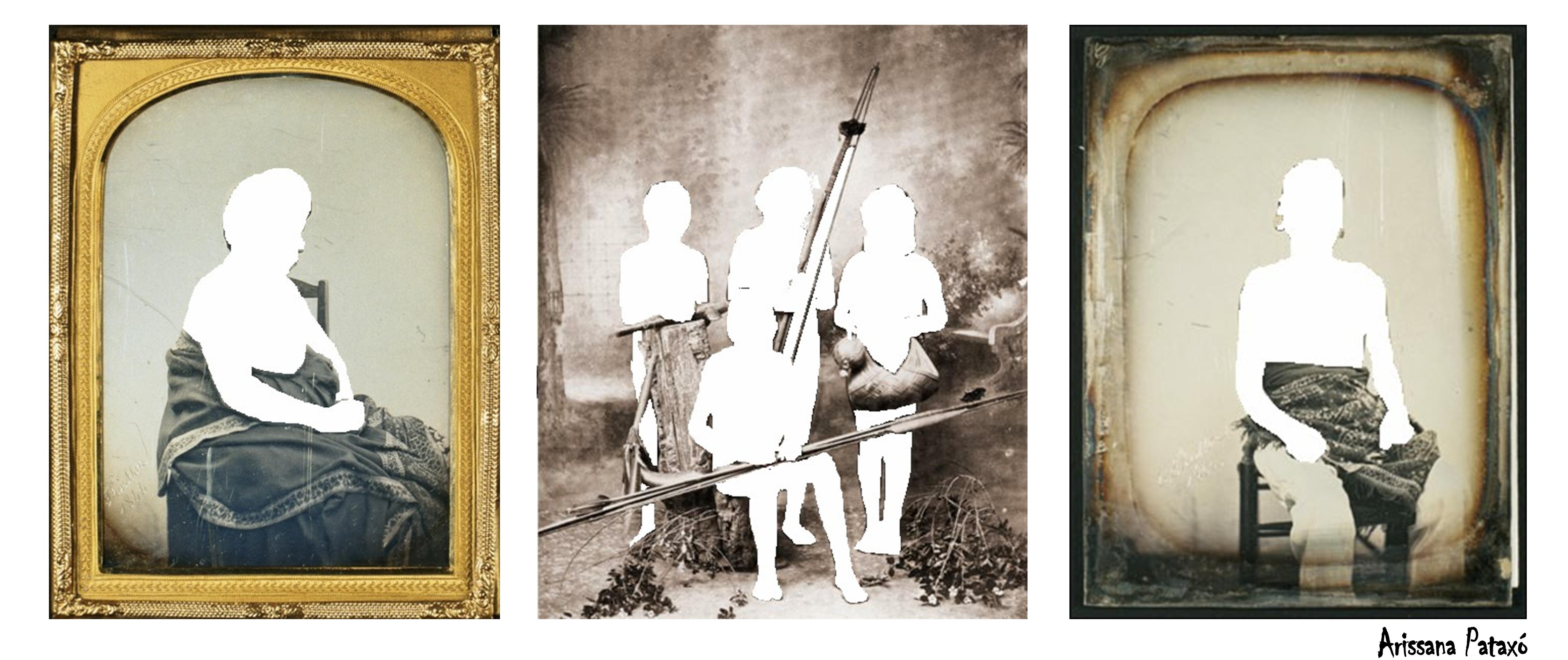 Three photographs of indigenous people with their bodies and faces erased.
