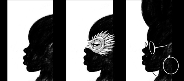 Three women's faces in profile, looking left.