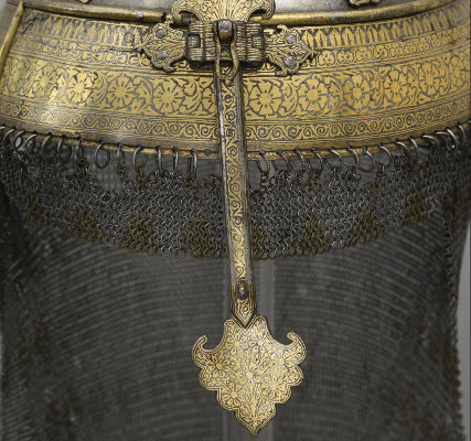 Sikh helmet with nose-guard and chain mail.