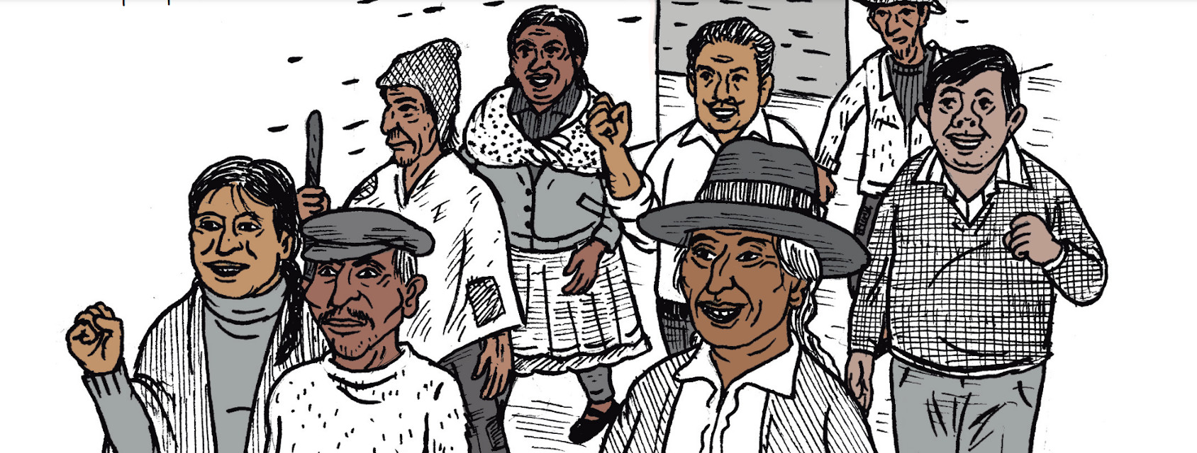 A group of men and women, some with fists raised.
