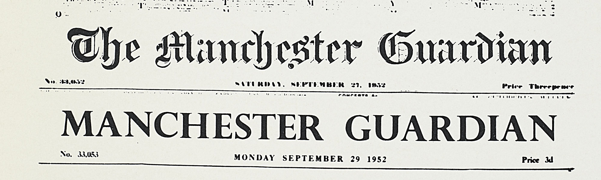Two historic mastheads from the Manchester Guardian in rows above each other.