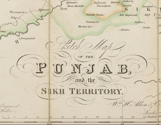 Detail from Sketch Map of the Punjab and the Sikh Territory, showing the title and a small area of the map. 