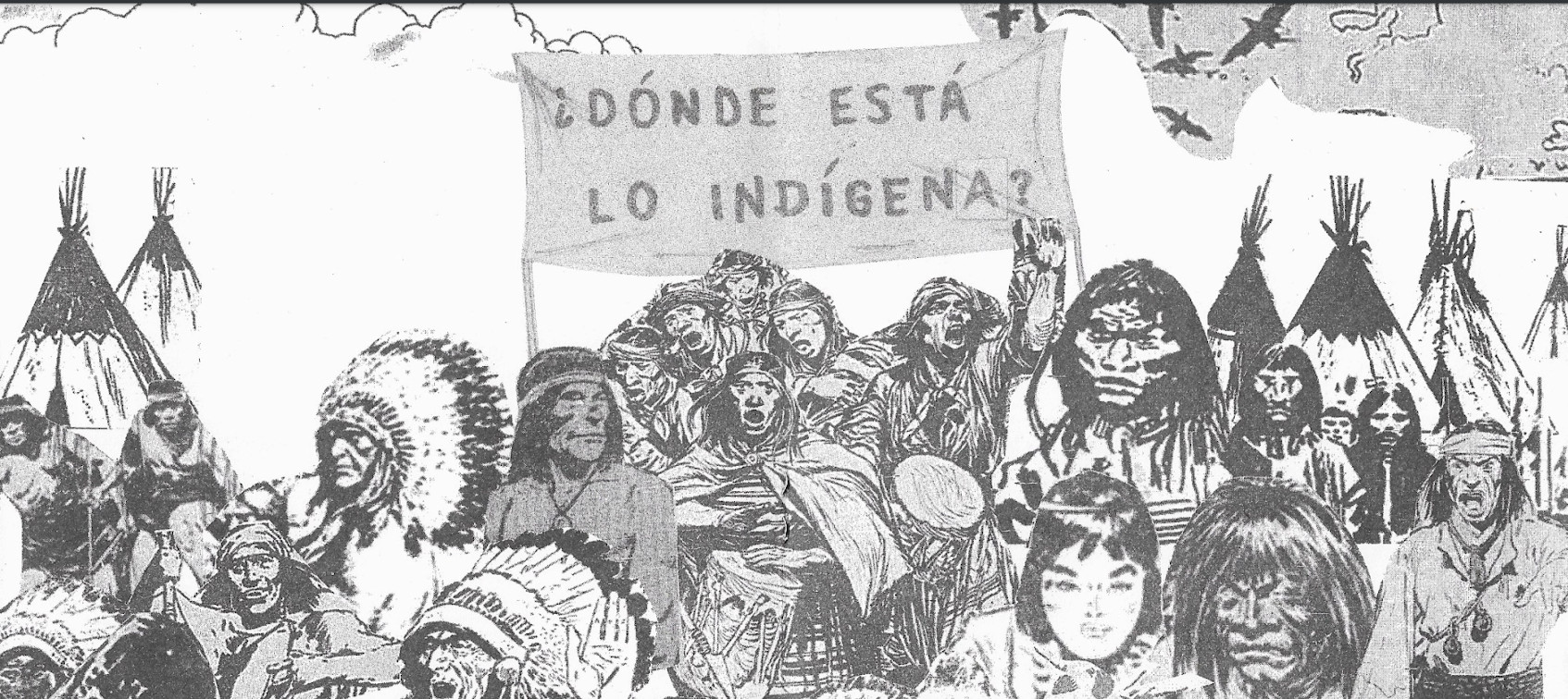 Collage of native Americans raising a banner aloft, with tepee tents in the background.