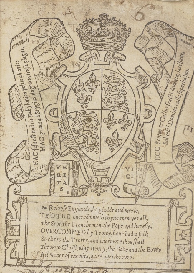 Woodcut title page with pen trials, showing a crest with a crown, a bow and arrow, and a book titled 'Veritas'.