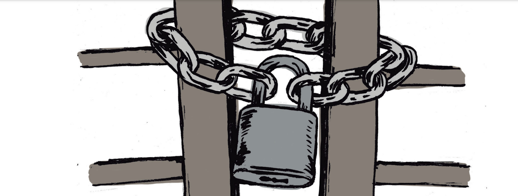 A padlock and chain across iron bars.