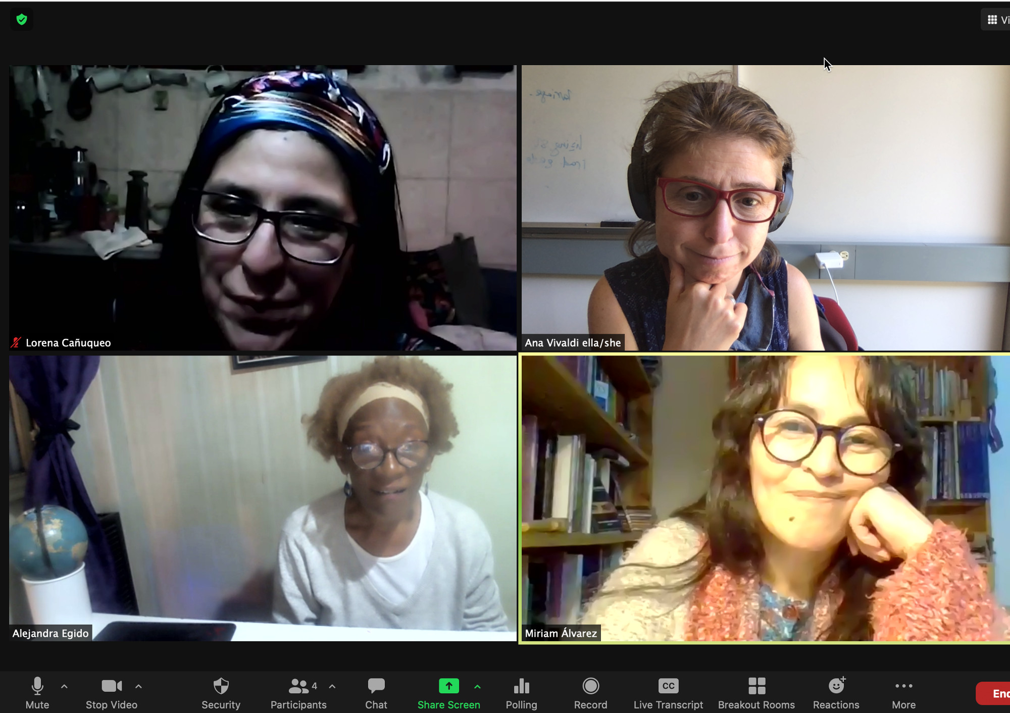 Alejandra Egido, Miriam Álvarez, Lorena Cañuqueo and Ana Vivaldi on a regular zoom meeting.