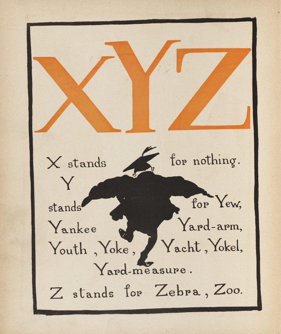 A schoolmaster in a black gown dances beneath the letters X, Y, Z, with text offering words and definitions for letters beginning with x, y, and z.