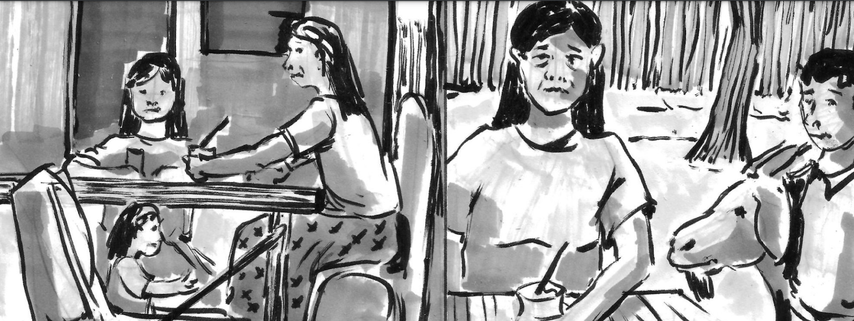 Two scenes wide by side: one with a woman seated at a table with two children; the other, a mother, a younger boy, and a goat. 