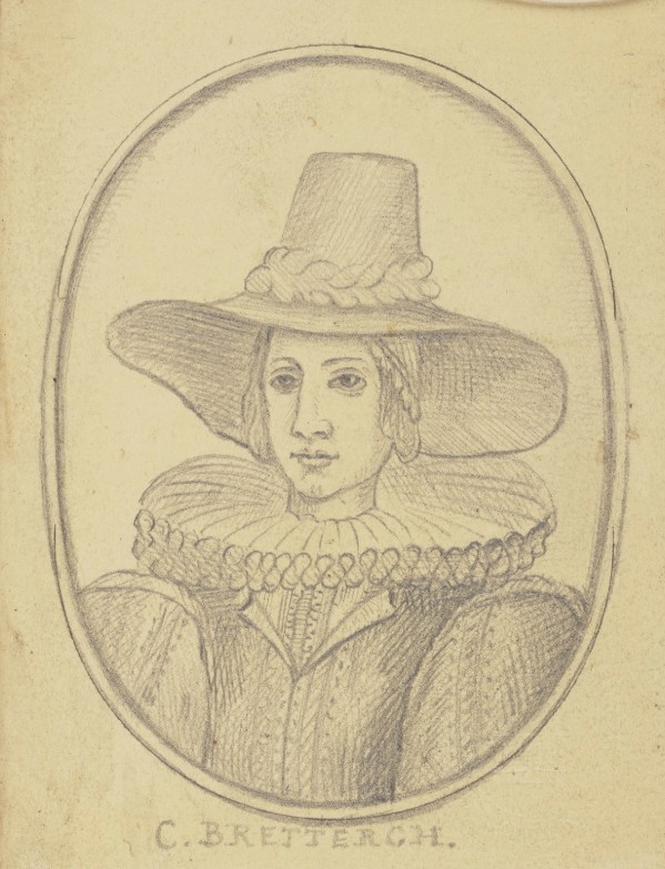 Portrait of Katherine Brettergh, wearing a broad-brimmed hat and a ruff.