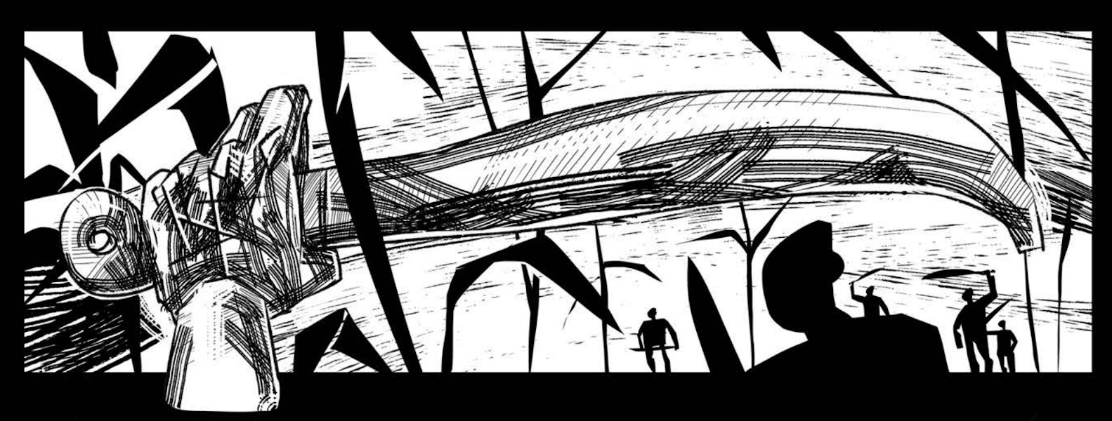 Monochrome illustration of a hand with a raised sword.