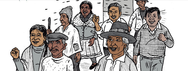 A group of men and women, some with fists raised.