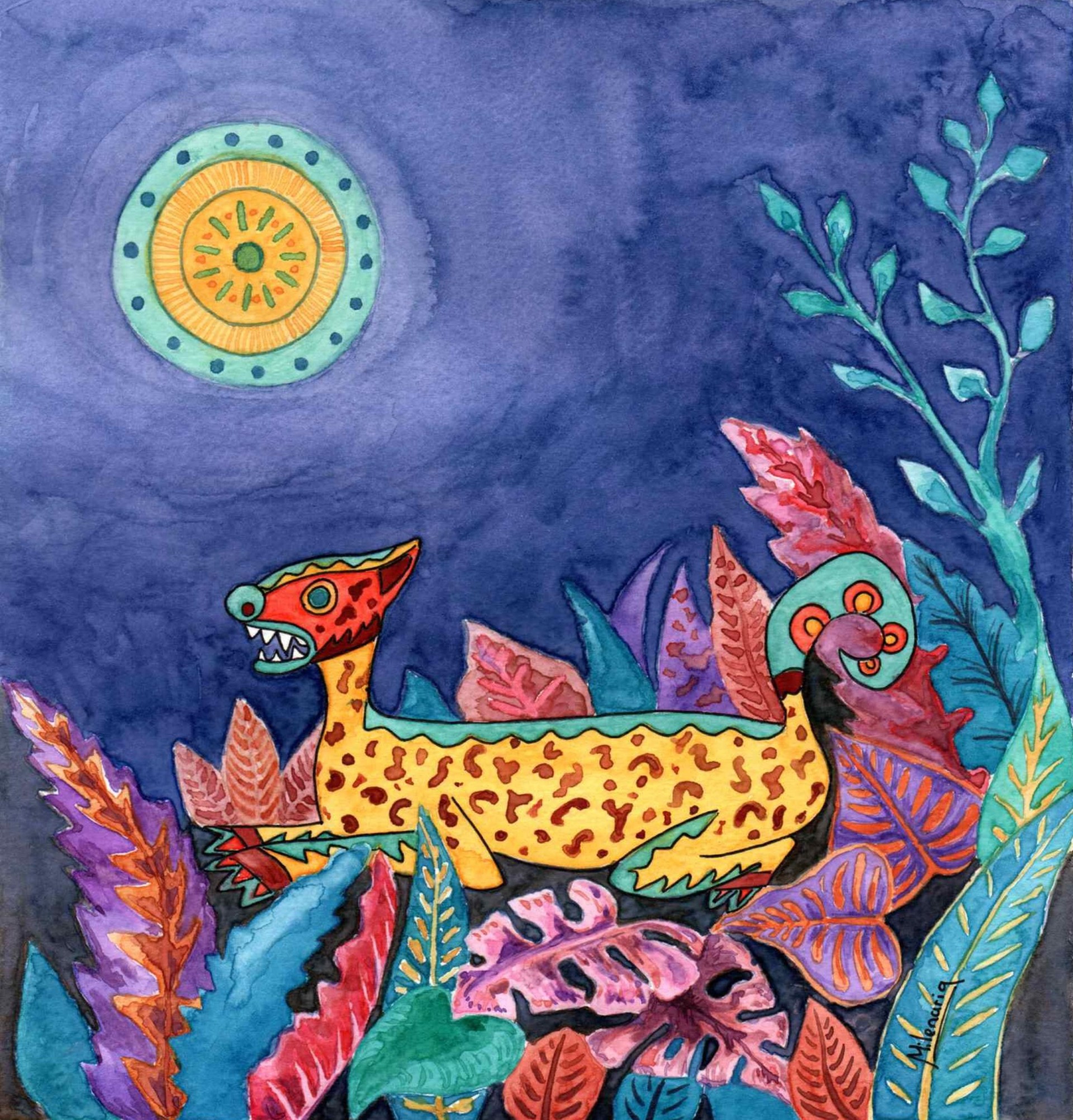 A quadruped with sharp teeth crouches among brightly coloured foliage, underneath a stylised sun and a blue sky.