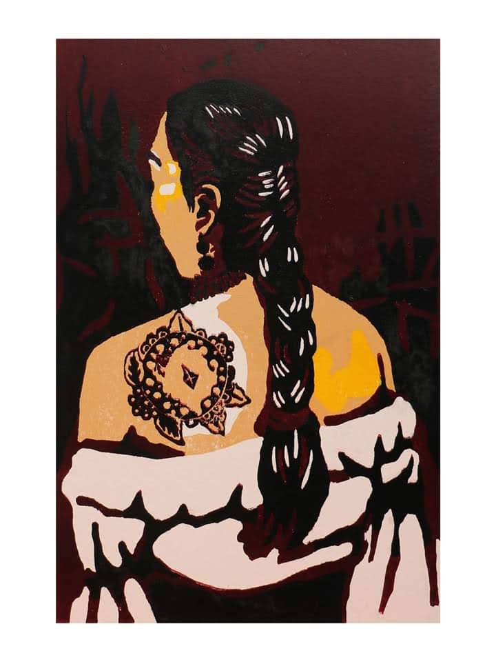 An indigenous woman faces away from us; there is a tattoo on her back, her hair is plaited, and there are yellow and white impressions on her back and face. 