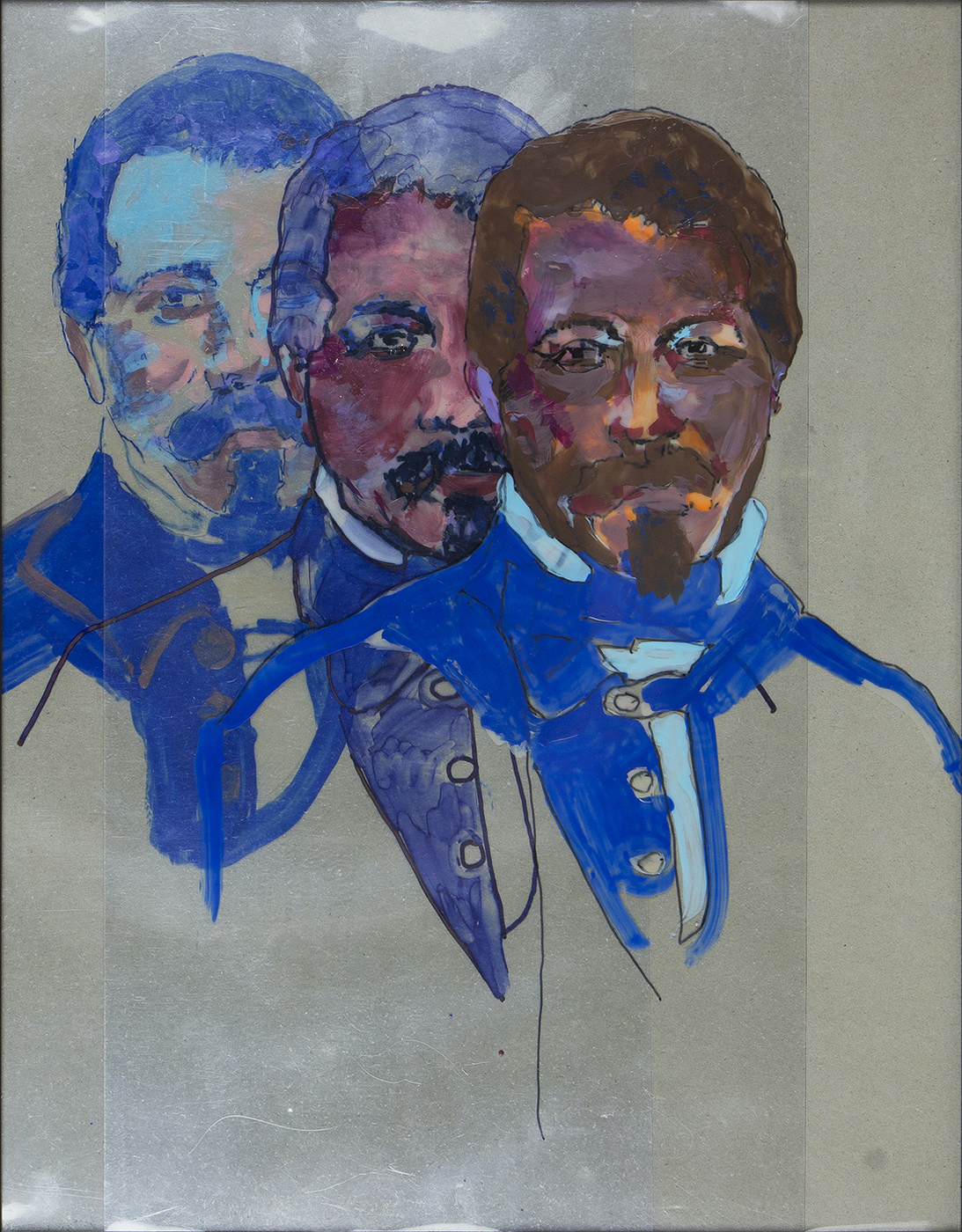 Painting showing the faces of three men.