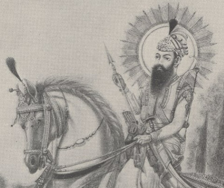 Guru Gobind Singh on horseback, holding a spear.