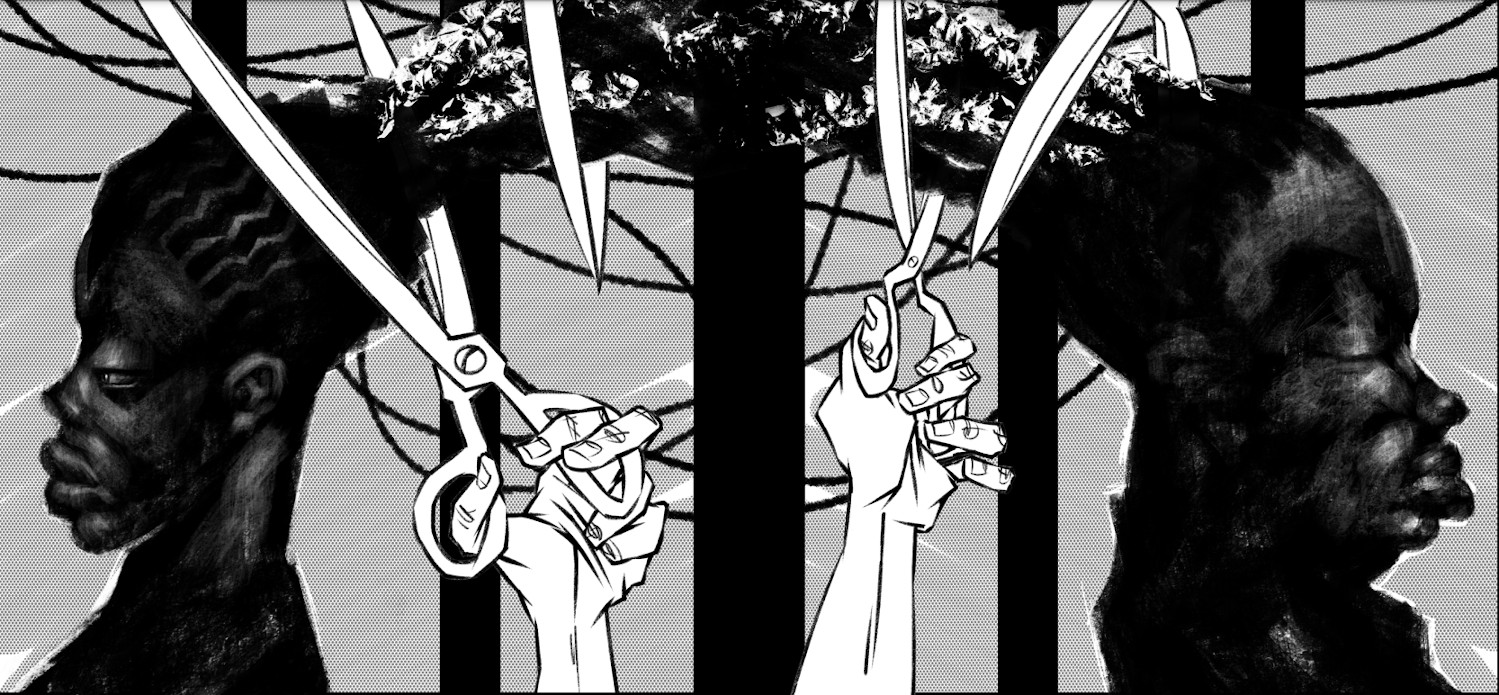 Two faces in profile, with several pairs of scissors cutting their hair.