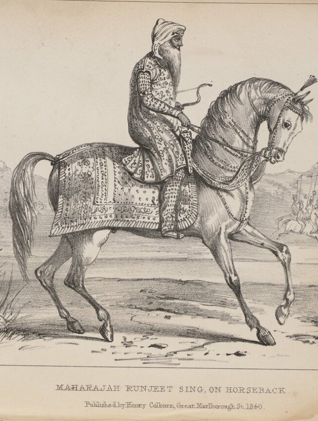 Sketch showing Ranjit Singh on horseback.