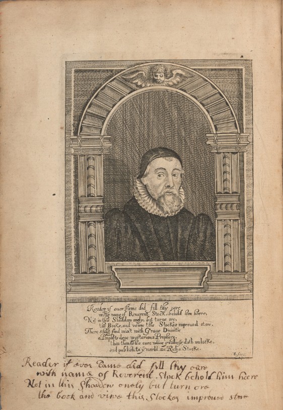 Frontispiece portrait of Richard Stock, with a printed verse below which has been copied by a reader. 