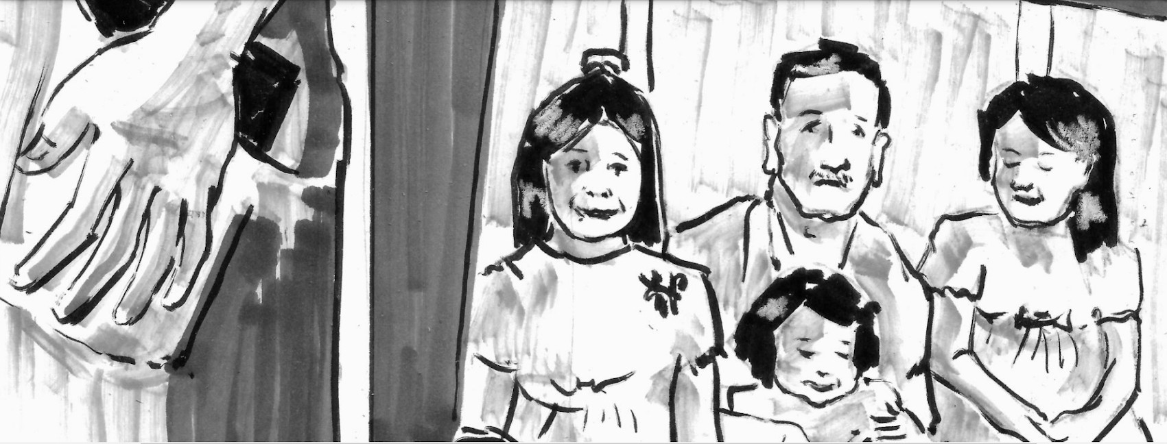 Two scenes: one of a photograph in a pocket, the other showing a photograph of a family.