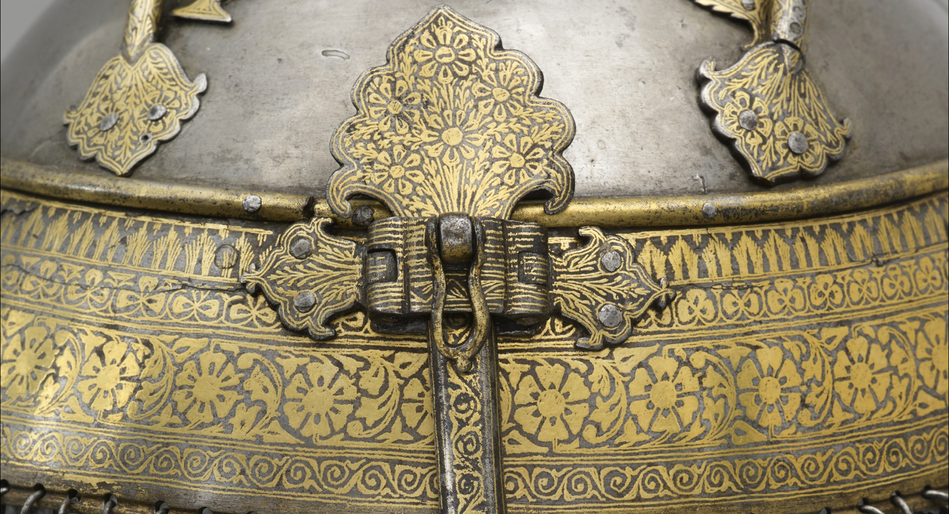 Detail from a Sikh steel helmet crafted in the Punjab.