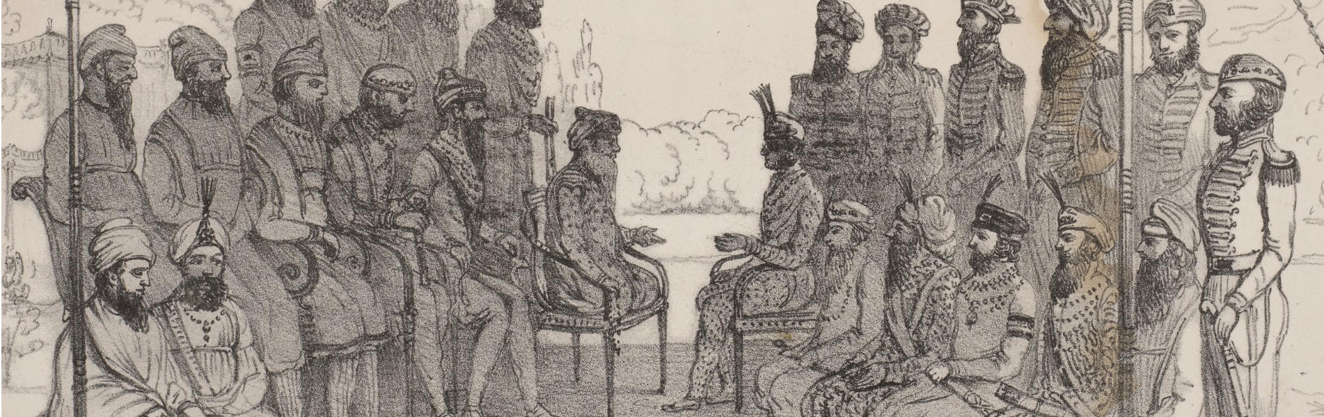 Illustration showing an outside meeting between Runjeet Singh and other Sikh Chieftains. Singh is seated in the centre, facing another seated figure.