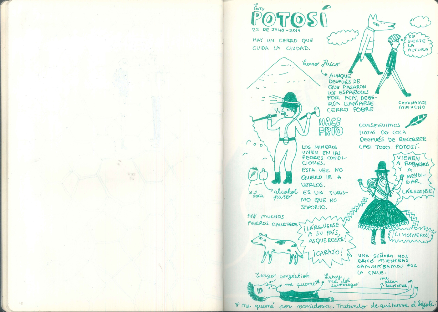 A white notepad page in green ink with simple, unframed sketches and handwritten notes. Key elements include:A woman and a wolf-headed figure in urban outfits. The woman thinks, “You can feel the altitude.” A mountain labeled Cerro Rico (Mount Rich) with a note: “It should be called Mount Poor. It’s cold.” A miner with a cigarette, hammering a wall. Nearby: a bag of “Coca” leaves and a flask of “Pure alcohol.” A note: “Miners live in the worst conditions. I dislike this kind of tourism.” Sketches of coca leaves and Aymara-style women. One yells insults like, “Go back to your country!” Observations: “There are many stray dogs.” A short-haired woman lying down with notes pointing to ailments: “Congested,” “Burnt myself waxing,” “Bad stomach,” and “Itchy legs.”