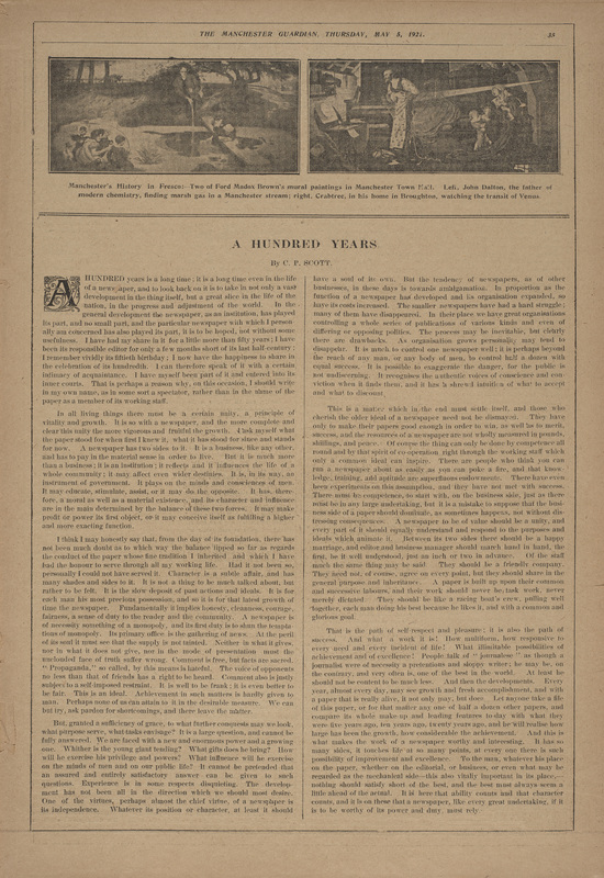 CP Scott's Centenary essay printed in 'The Manchester Guardian', 5 May 1921.