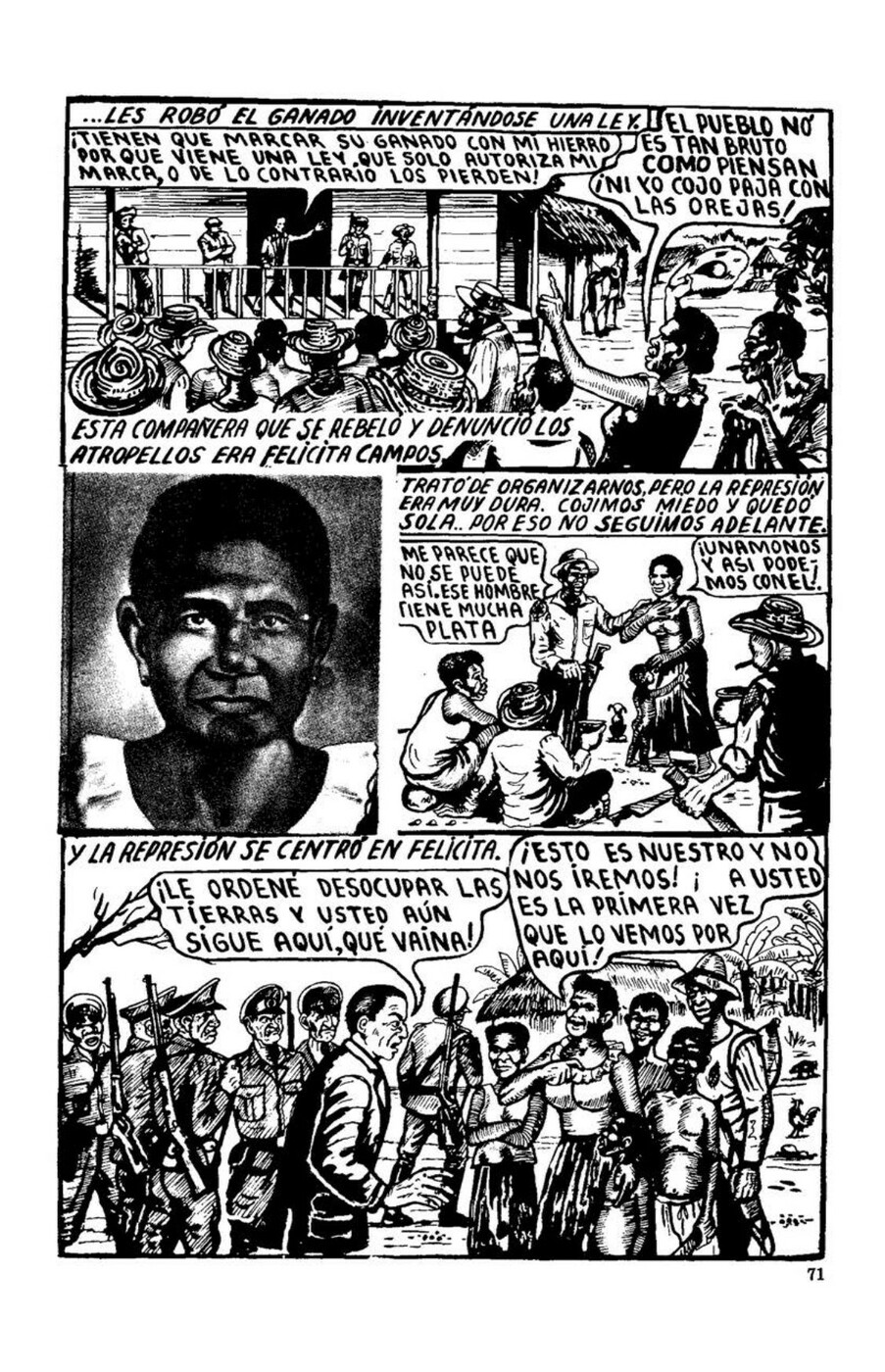 The cover of a book, titled “Graphic history of the fight for land [rights] in the Atlantic coastal [region of Colombia]”. The drawings are attributed to Ulianov Chalarka and the book itself to Fundación del Sinú. The cover shows four title pages, each relating to short stories in the book. They are titled: “Tinajones: a village fighting for its land”; “El Boche: a rebel peasant farmer from the Sinú”; “Lomagrande: the bastion of the Sinú”; “Felicita Campos: the woman peasant farmer fighting for land”.