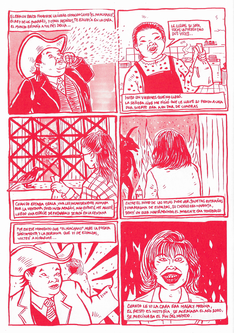 A comic about the experiences of a woman while working in an Asian restaurant. In the latter, the protagonist describes getting a job at a famous chifa. One of the restaurant's regulars is a famous man called 'El Huachano'. When he doesn't turn up one day the owners ask the protagonist to deliver a soup to his house. Once there, she sees what appear to be diabolic images through the window. When El Huachano opens the door behind him she can see the grinning face of TV personality Magaly Medina.
