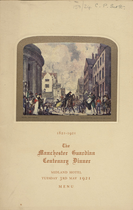 Cover of the menu from The Manchester Guardian Centenary Dinner in 1921. 