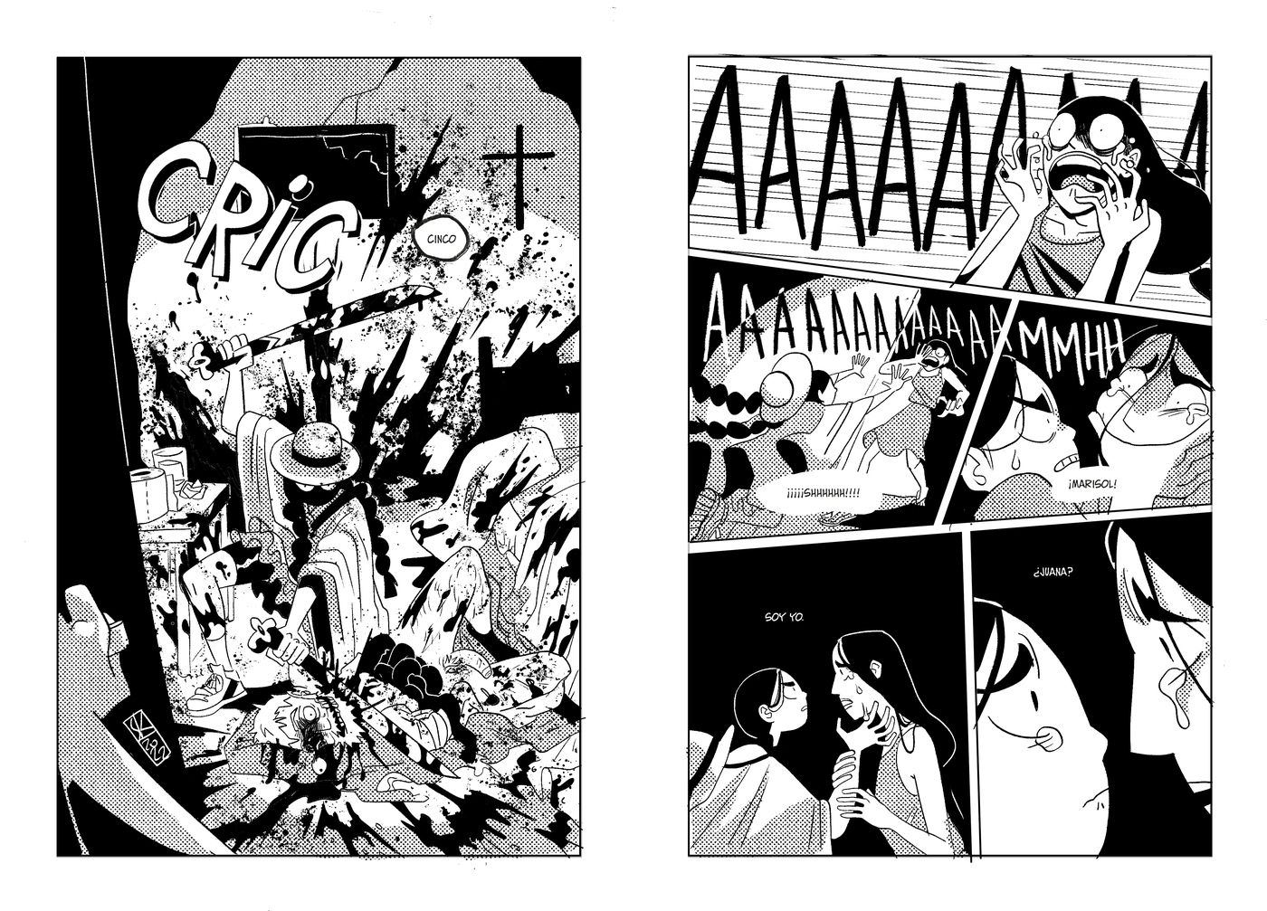 A two-page extract from a longer work. On the left-hand splash page, a woman in Indigenous dress holds a machete in each hand, one slicing down through the neck of a man. The room they are in is covered with blood splatters. On the right, the protagonist calms another woman who is frightened by the attack.