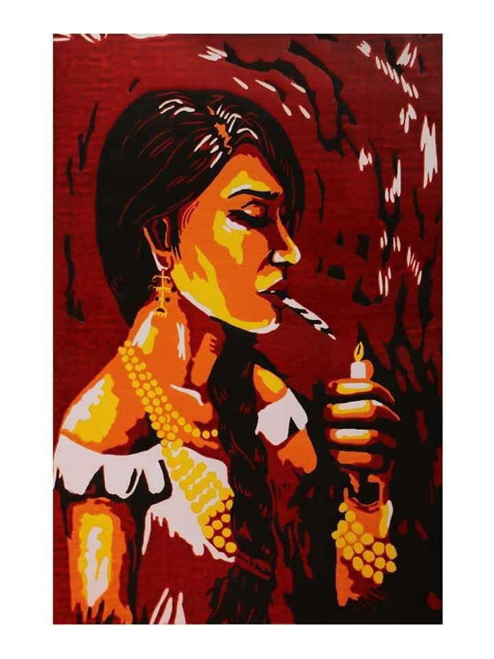 A stylized woman holds a lit candle, wearing layered jewellery against a deep red patterned background.