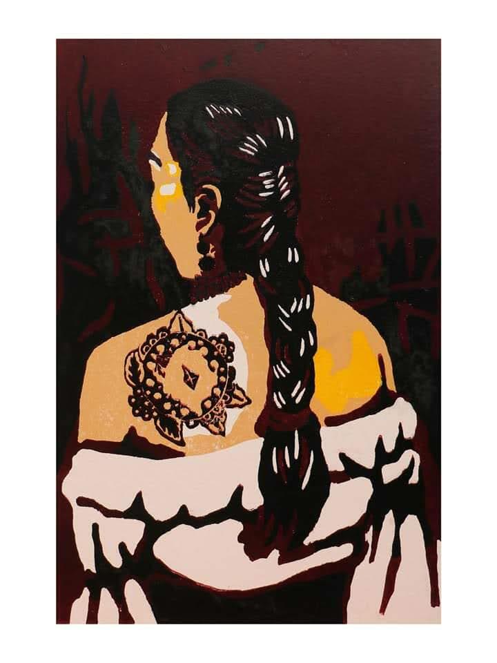 A woman seen from behind shows a detailed tattoo on her upper back, with a long braid and off‑shoulder blouse.