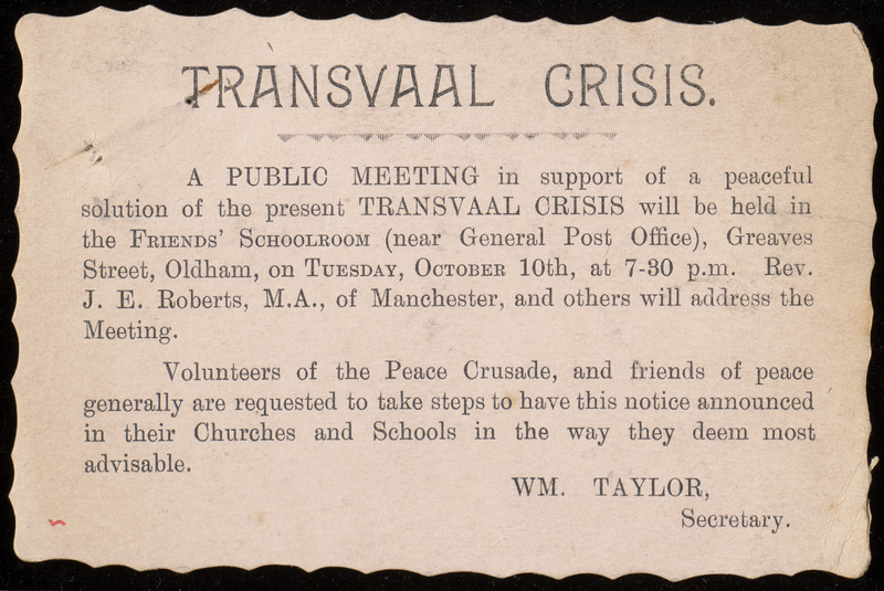 Card advertising a meeting on the Transvaal Crisis in Oldham.