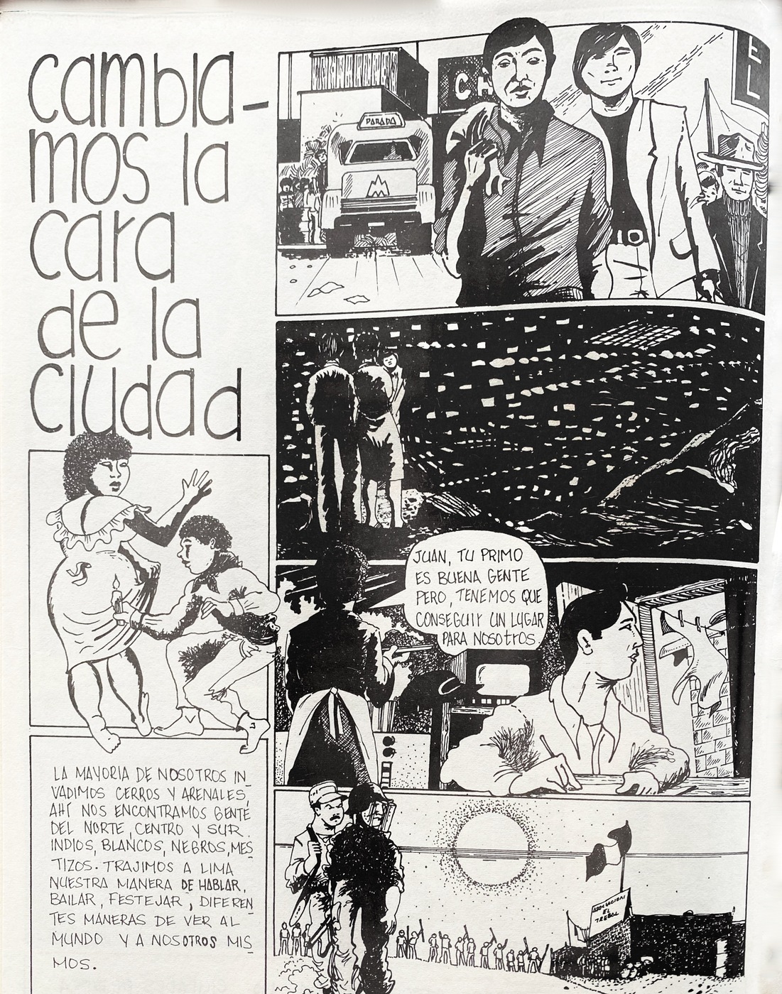 Comic strip depicting the arrival of migrant workers in the city of Lima.