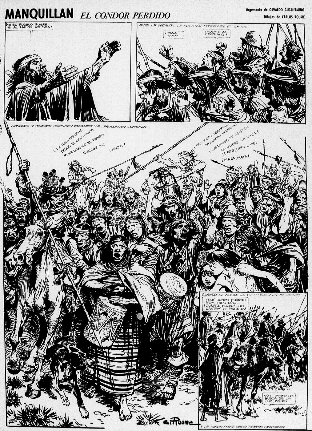  A four-panel comics page, the main panel of which depicts a large crowd of Indigenous people, some of whom are on horseback and armed with spears. In the foreground there is a woman beating a drum. An inset panel depicts the protagonist, Manquillán, speaking to another woman as he is about to join the others on a raid.