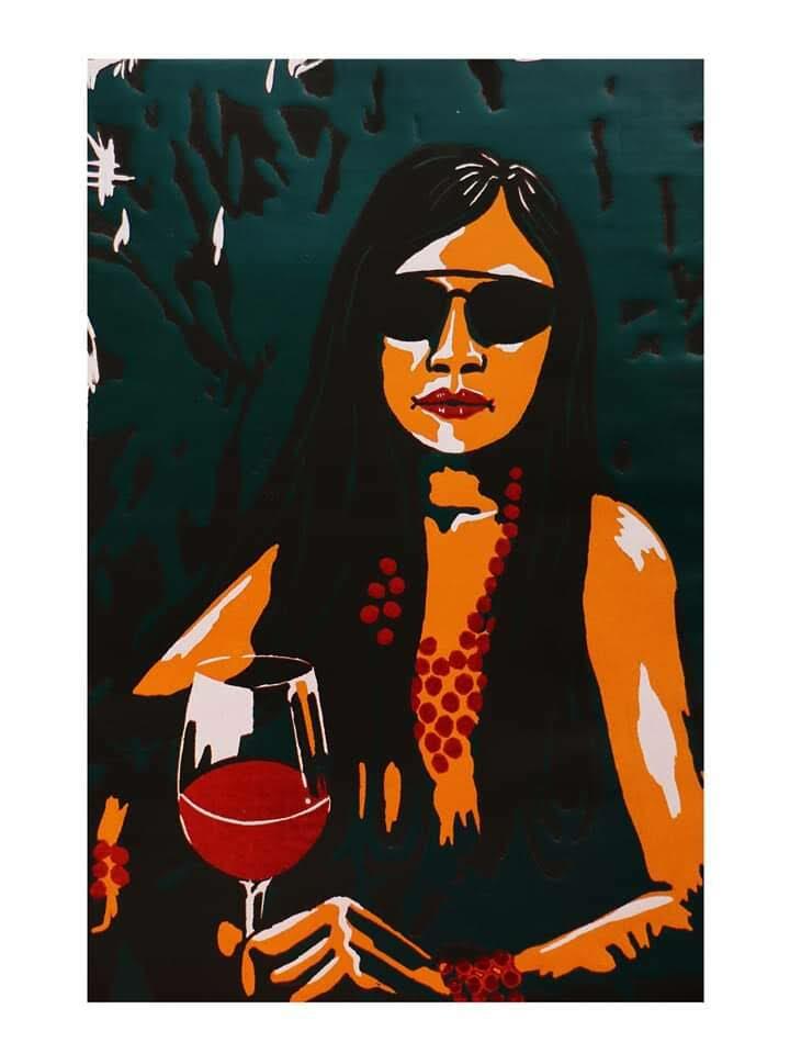 A stylized woman sits with a glass of red wine, wearing bright beads against a dark, textured background.