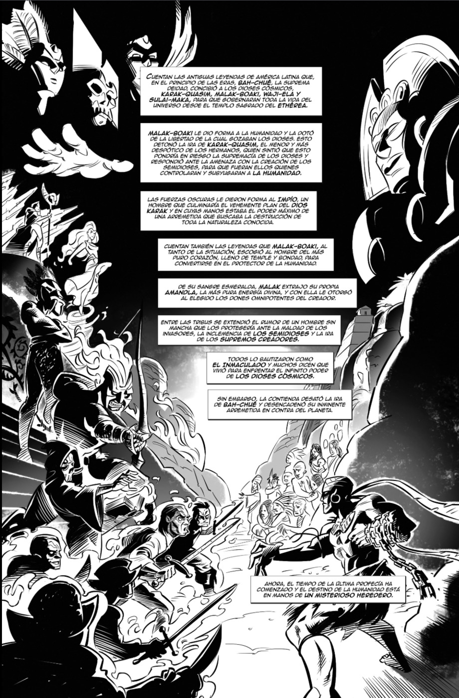 A black-and-white drawing depicts gods, goddesses, a deathly figure in a cloak, and sword-wielding men (likely conquistadors) confronting a terrified group, including men, women, and a woman holding a baby. Some wear feather headdresses, resembling Indigenous people. Behind them are pre-Columbian artifacts: a temple-like building and a monumental stone deity. At the forefront stands Zambo Dendé, muscular with hoop earrings, a pectoral, and a chain on his left arm, facing the sword-bearing men.
