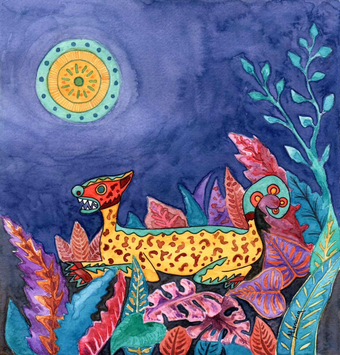 A quadruped with sharp teeth crouches among brightly coloured foliage, underneath a stylised sun and a blue sky.