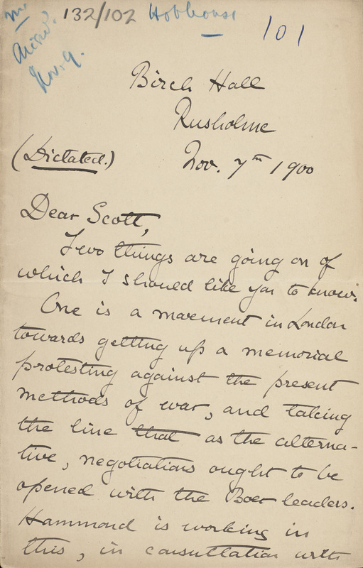 First sheet of letter from Hobhouse to CP Scott