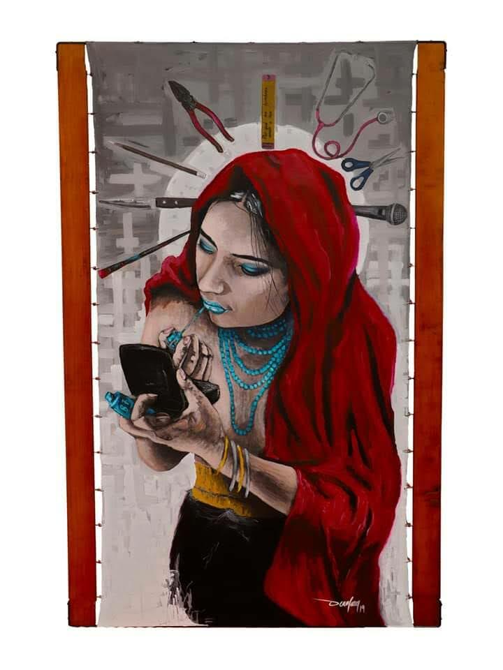 A figure draped in a red shawl uses a smartphone as tools and measuring objects radiate symbolically overhead.