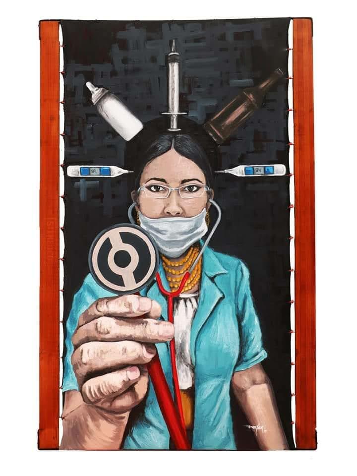 A medical‑themed figure holds a device toward the viewer, surrounded by syringes and instruments above.