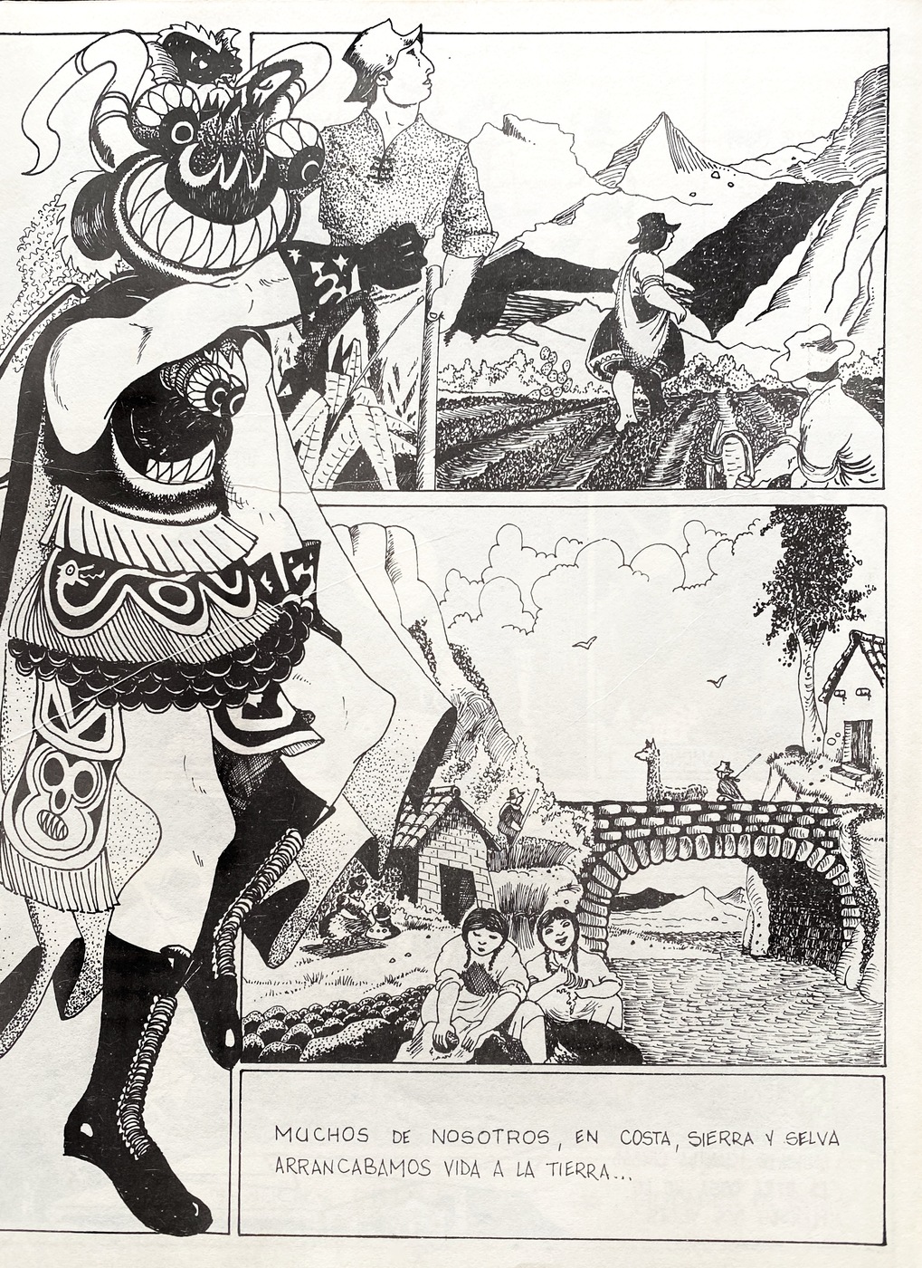 The first of the two inner pages depicting rural life in Peru, including a person dancing in Indigenous clothing, and people working the fields and by a river. 