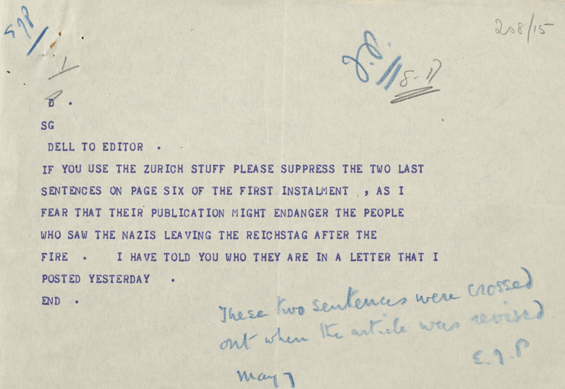 Telegram from Dell discussing the Reichstag fire.