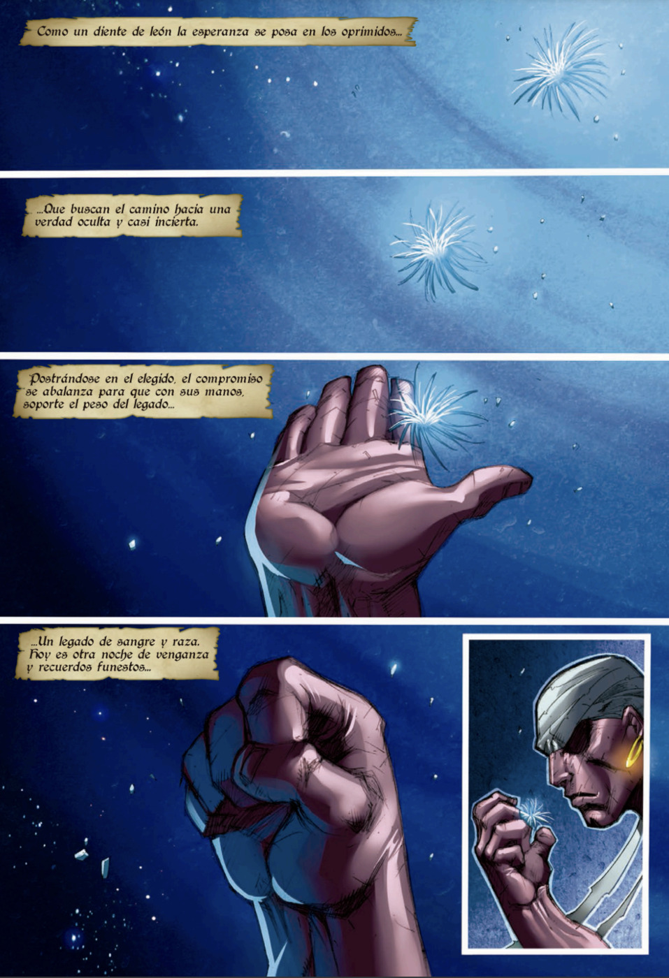 A page with four horizontal panels shows a dandelion floating down against a blue background toward a light-brown-skinned hand. Each panel includes text about hope, oppression, legacy, and revenge. As the dandelion reaches the hand, it closes into a fist, clasping the flower. In an inset frame at the bottom, Zambo Dendé, a muscular young man with angular features, a turban, and shadowed eyes, stares seriously at the dandelion clasped between his fingers.