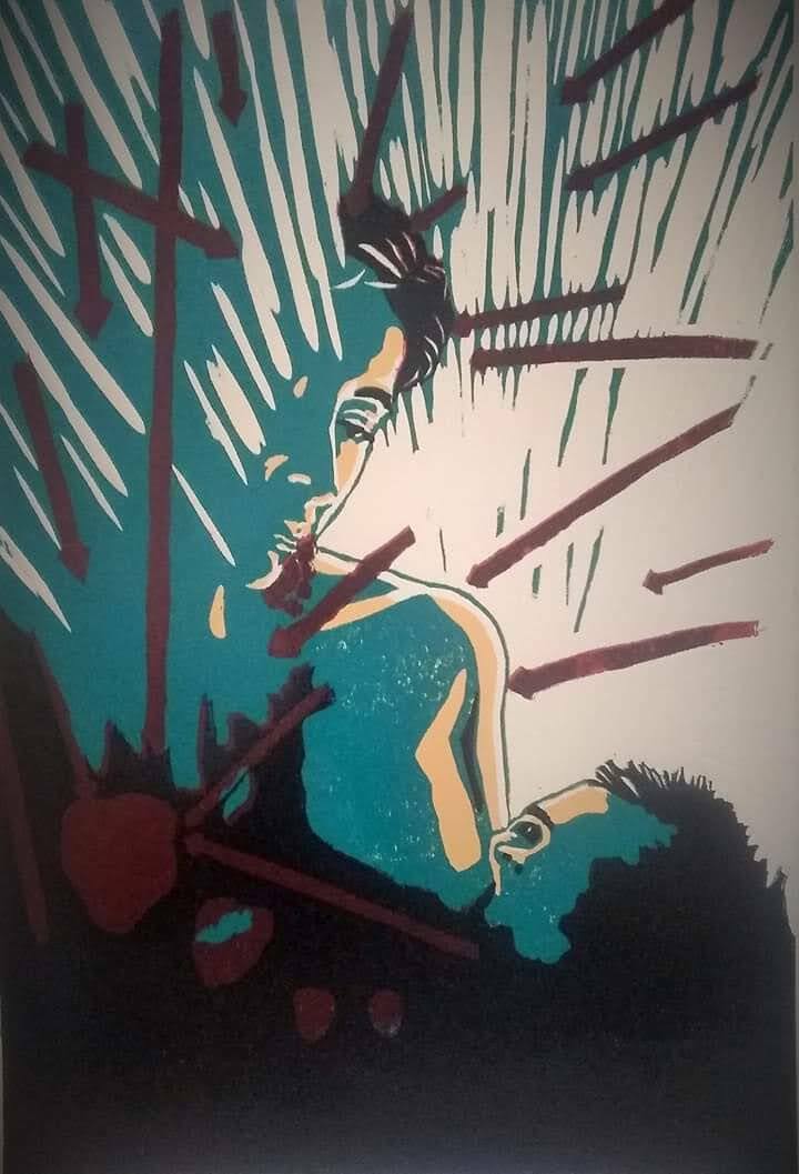 Two stylized figures in bold teal and maroon tones appear amid dynamic radiating lines and abstract shapes.